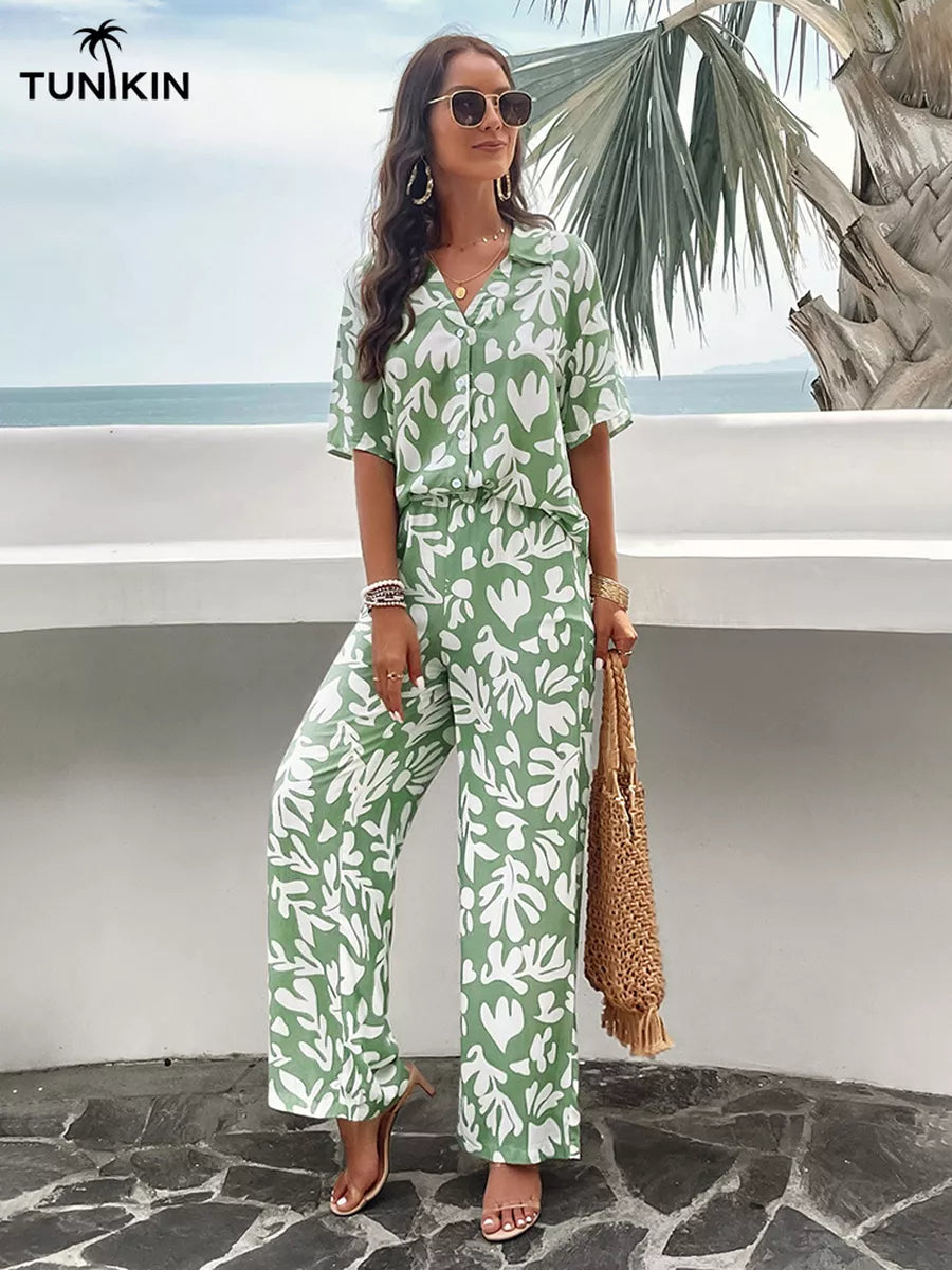 Conjunto Feminino Verde Tropical – Camisa e Calça Pantalona em viscolinho