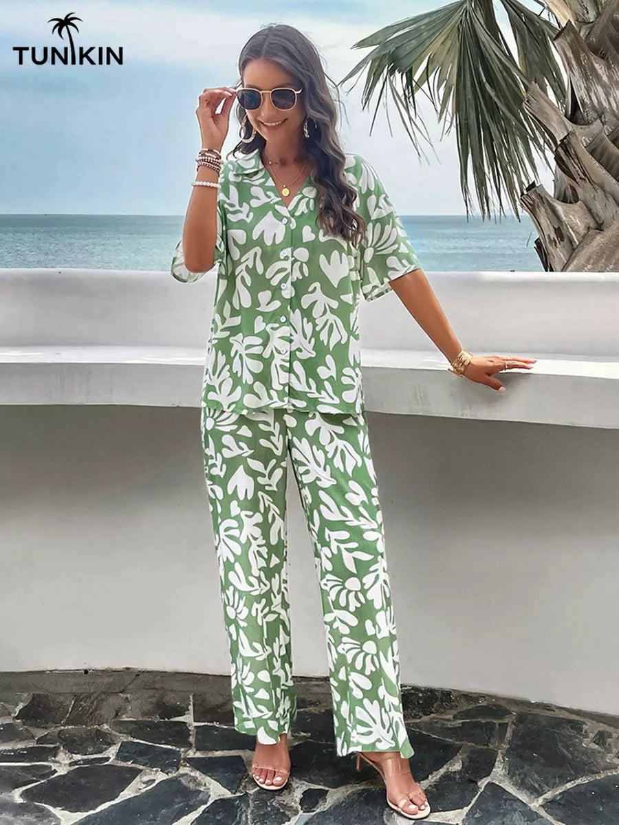 Conjunto Feminino Verde Tropical – Camisa e Calça Pantalona em viscolinho