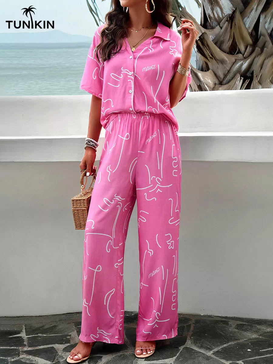 Conjunto Feminino Rosa Tropical – Camisa e Calça Pantalona em viscolinho