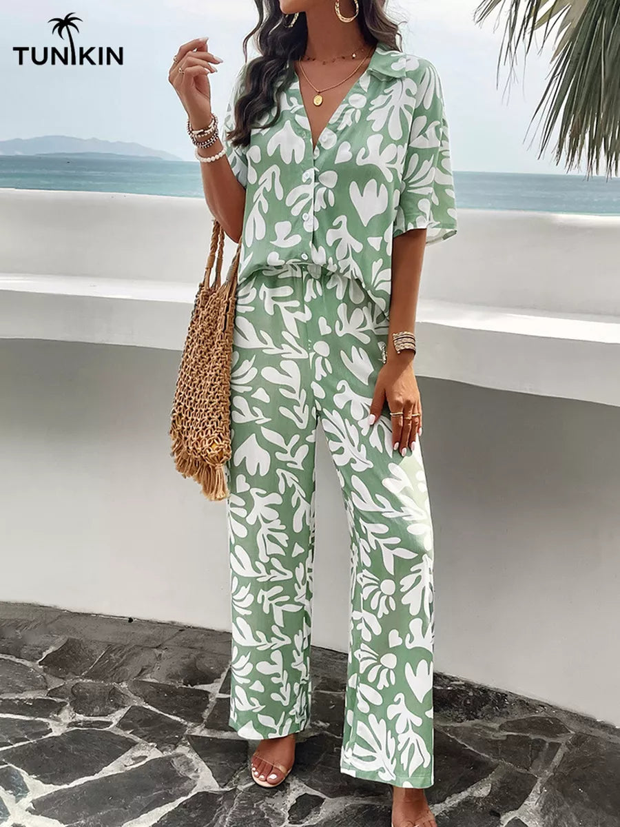 Conjunto Feminino Verde Tropical – Camisa e Calça Pantalona em viscolinho