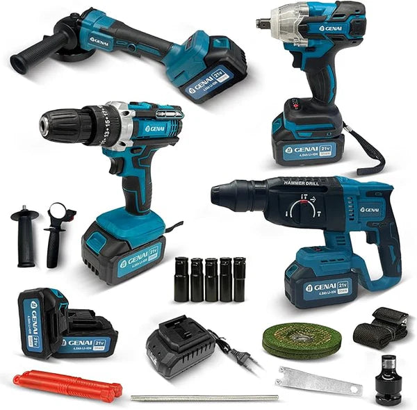 Kit de ferramentas 4 em 1 Furadeira, Chave de fenda/Chave de impacto/Amolador/Martelo 2 baterias de 68 V Caixa