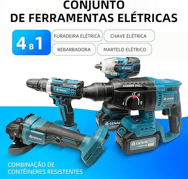 Kit de ferramentas 4 em 1 Furadeira, Chave de fenda/Chave de impacto/Amolador/Martelo 2 baterias de 68 V Caixa