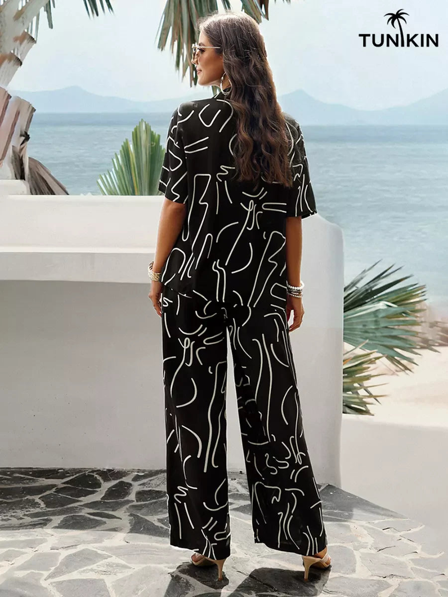 Conjunto Feminino Preto Tropical – Camisa e Calça Pantalona em viscolinho