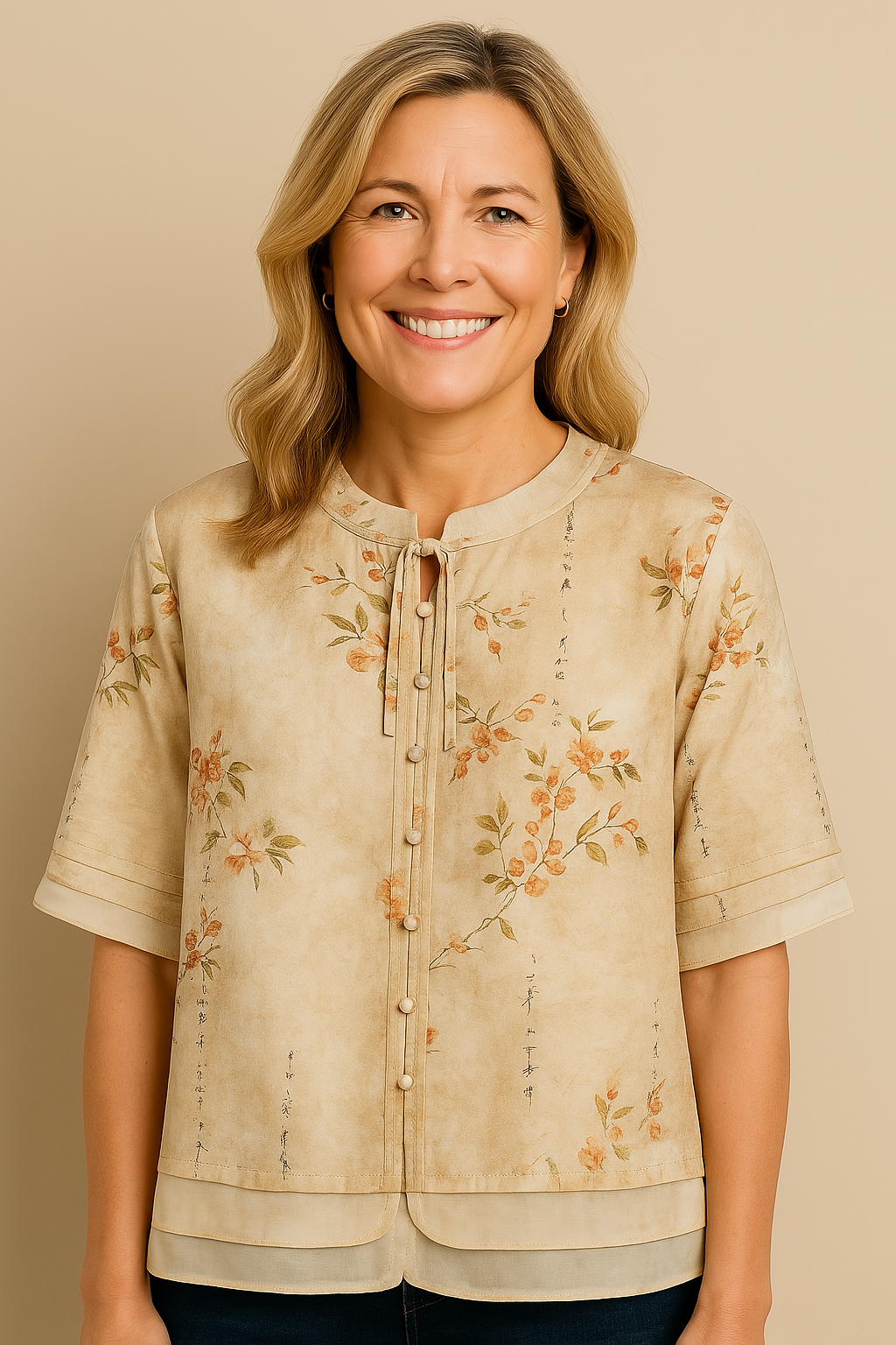 Blusa Linho Floral Vintage Bege