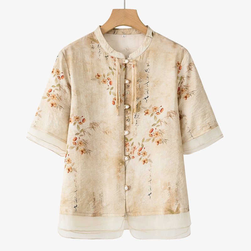 Blusa Linho Floral Vintage Bege