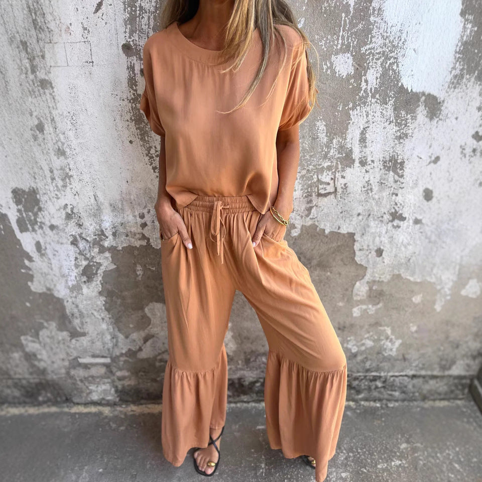 Conjunto Feminino Casual Chic – Blusa Solta e Calça Pantalona com Babado