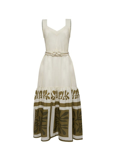 Vestido Longo Linho Off-White com Estampa Verde