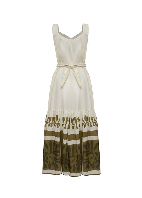 Vestido Longo Linho Off-White com Estampa Verde