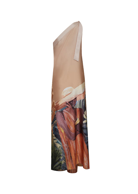 Vestido Longo Ombro Único Estampa Arte Tropical