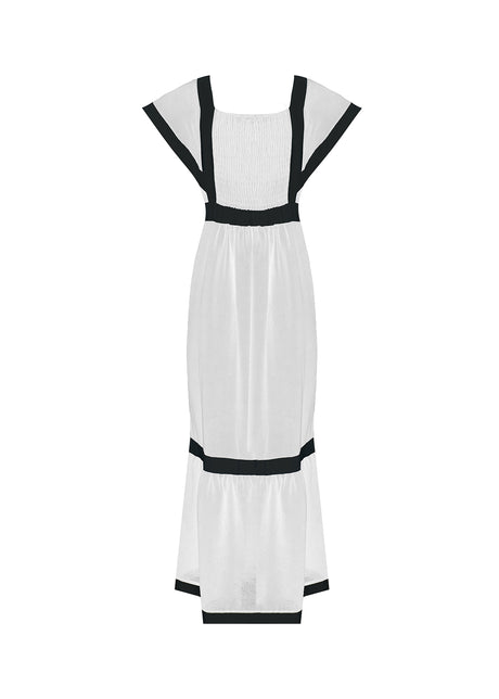 Vestido Serena Longo Branco com Detalhes Pretos