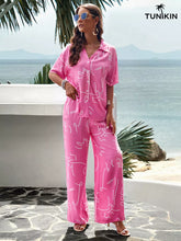 Conjunto Feminino Rosa Tropical – Camisa e Calça Pantalona em viscolinho