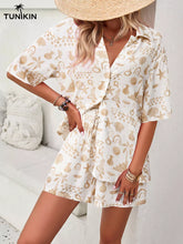 Conjunto Feminino Bege Tropical – Camisa e Shorts em Viscolinho