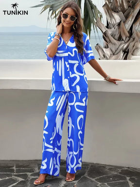 Conjunto Feminino Azul Tropical – Camisa e Calça Pantalona em viscolinho