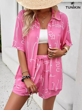 Conjunto Feminino RosaTropical – Camisa e Shorts em Viscolinho