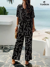 Conjunto Feminino Preto Tropical – Camisa e Calça Pantalona em viscolinho