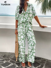Conjunto Feminino Verde Tropical – Camisa e Calça Pantalona em viscolinho
