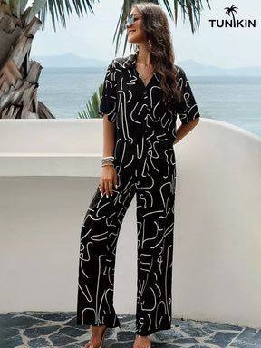 Conjunto Feminino Preto Tropical – Camisa e Calça Pantalona em viscolinho