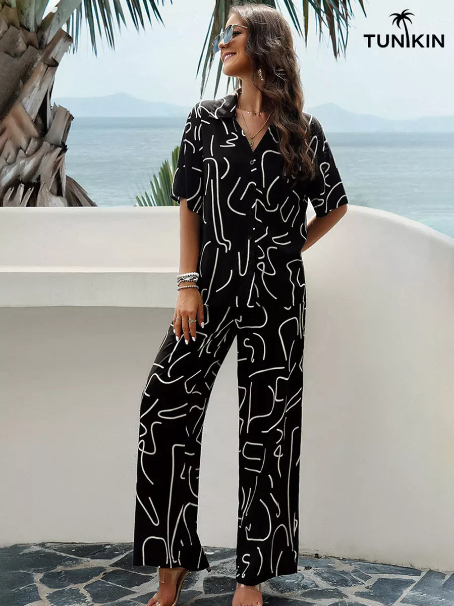 Conjunto Feminino Preto Tropical – Camisa e Calça Pantalona em viscolinho
