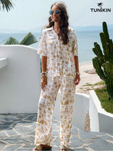 Conjunto Feminino Bege Tropical – Camisa e Calça Pantalona em viscolinho