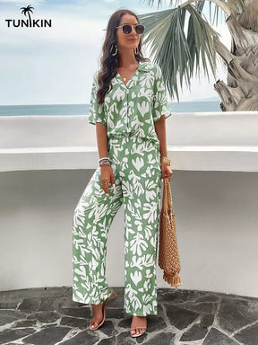 Conjunto Feminino Verde Tropical – Camisa e Calça Pantalona em viscolinho