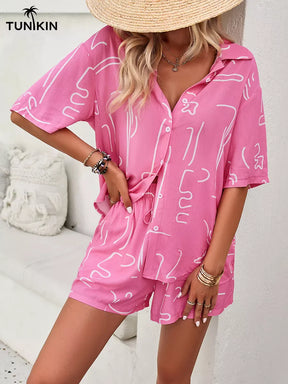 Conjunto Feminino RosaTropical – Camisa e Shorts em Viscolinho