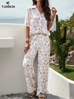 Conjunto Feminino Bege Tropical – Camisa e Calça Pantalona em viscolinho