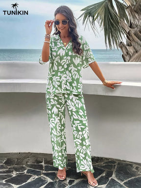 Conjunto Feminino Verde Tropical – Camisa e Calça Pantalona em viscolinho