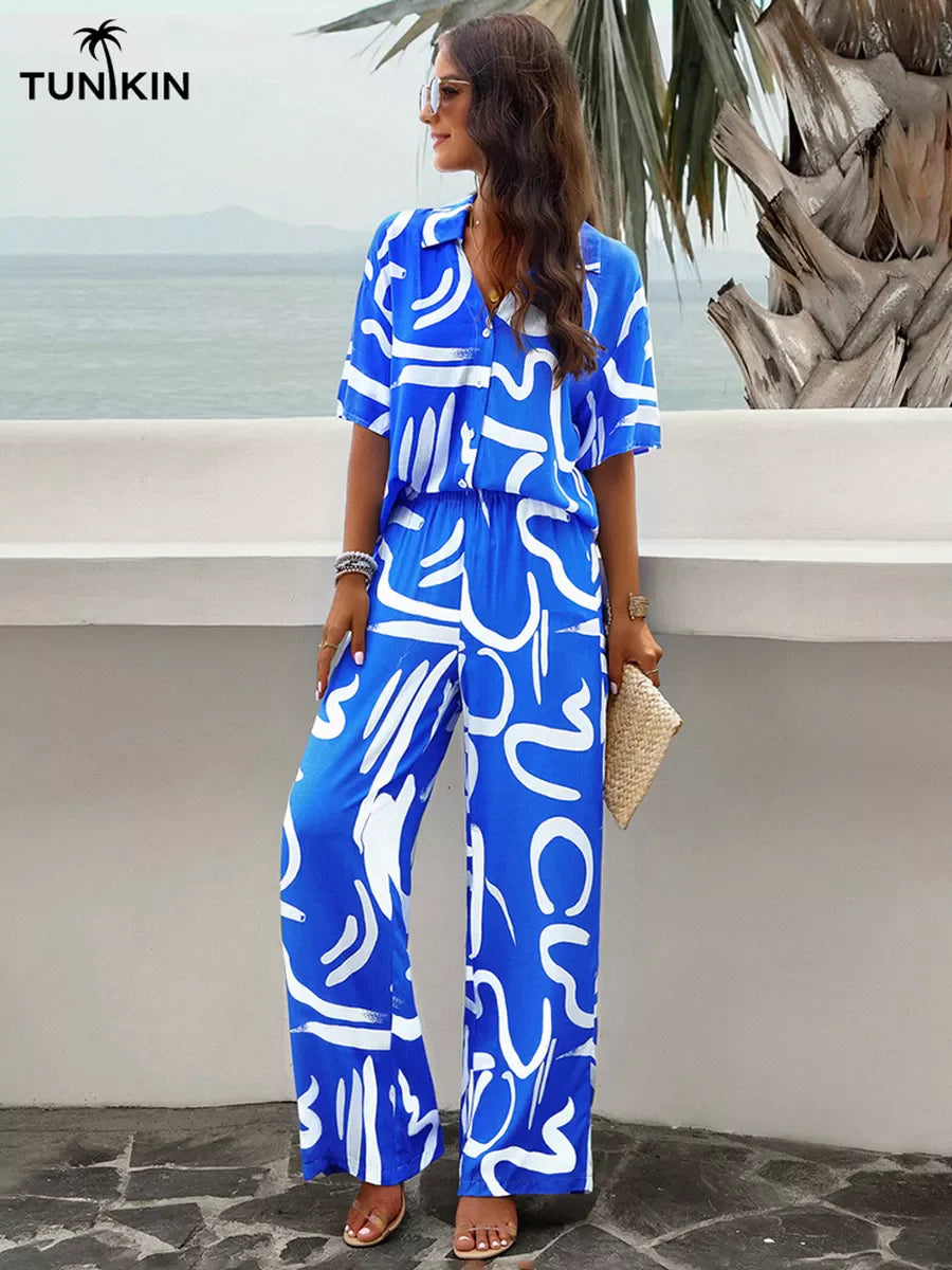 Conjunto Feminino Azul Tropical – Camisa e Calça Pantalona em viscolinho