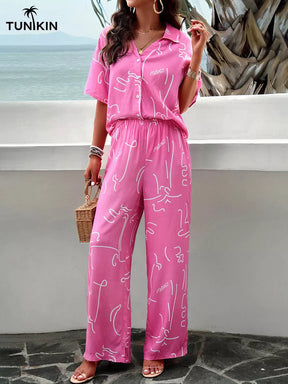 Conjunto Feminino Rosa Tropical – Camisa e Calça Pantalona em viscolinho