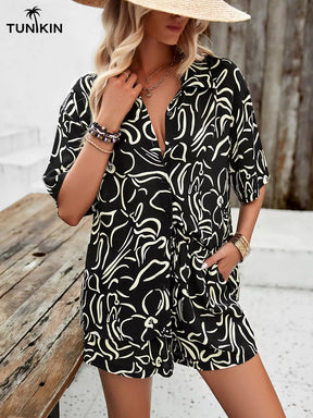 Conjunto Feminino Preto Tropical – Camisa e Shorts em Viscolinho