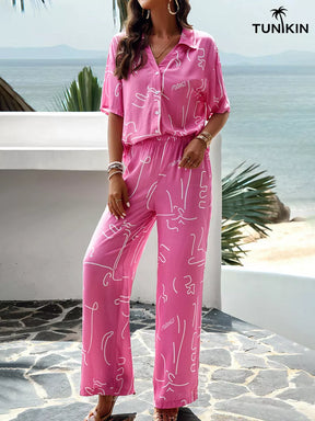 Conjunto Feminino Rosa Tropical – Camisa e Calça Pantalona em viscolinho