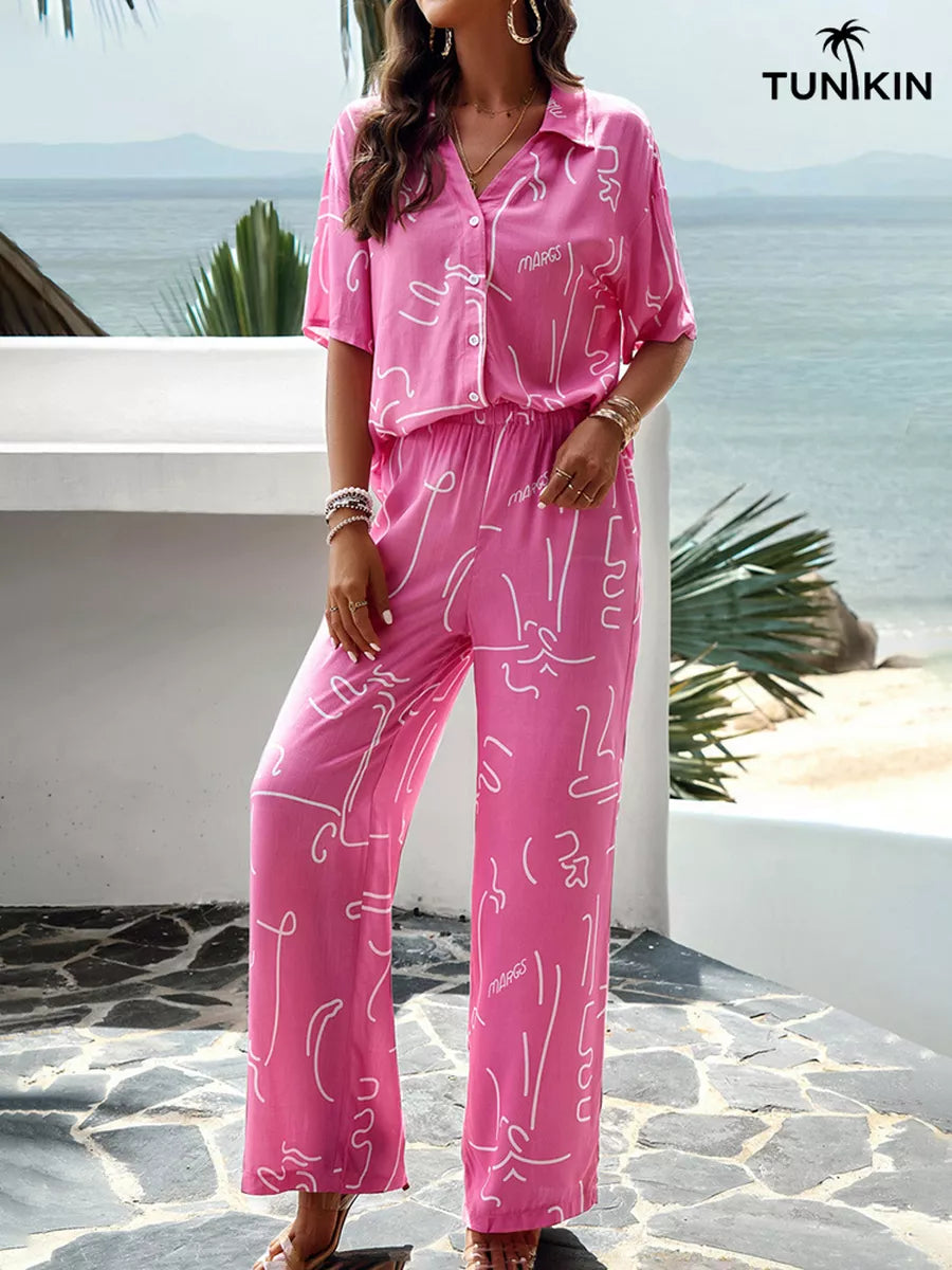 Conjunto Feminino Rosa Tropical – Camisa e Calça Pantalona em viscolinho