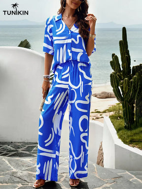 Conjunto Feminino Azul Tropical – Camisa e Calça Pantalona em viscolinho