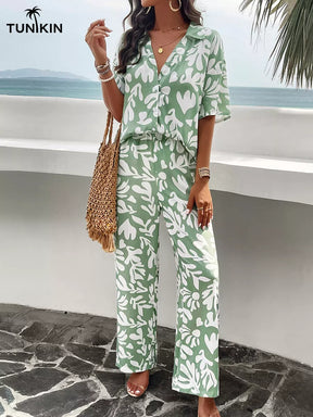 Conjunto Feminino Verde Tropical – Camisa e Calça Pantalona em viscolinho