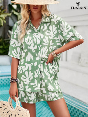 Conjunto Feminino Verde Tropical – Camisa e Shorts em Viscolinho