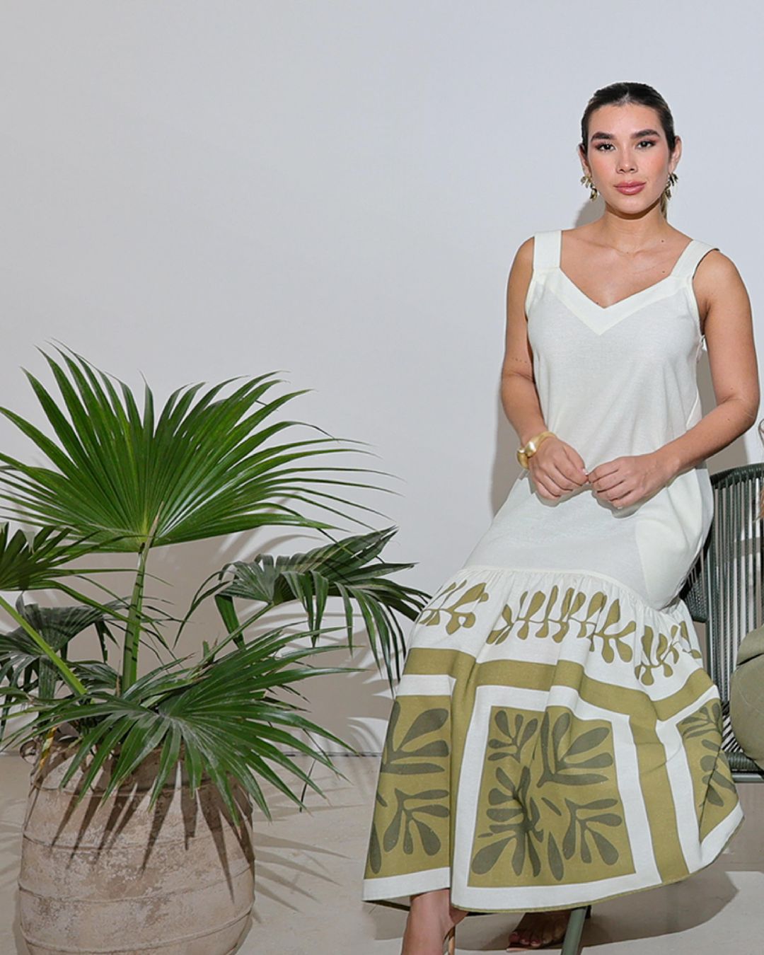 Vestido Longo Linho Off-White com Estampa Verde