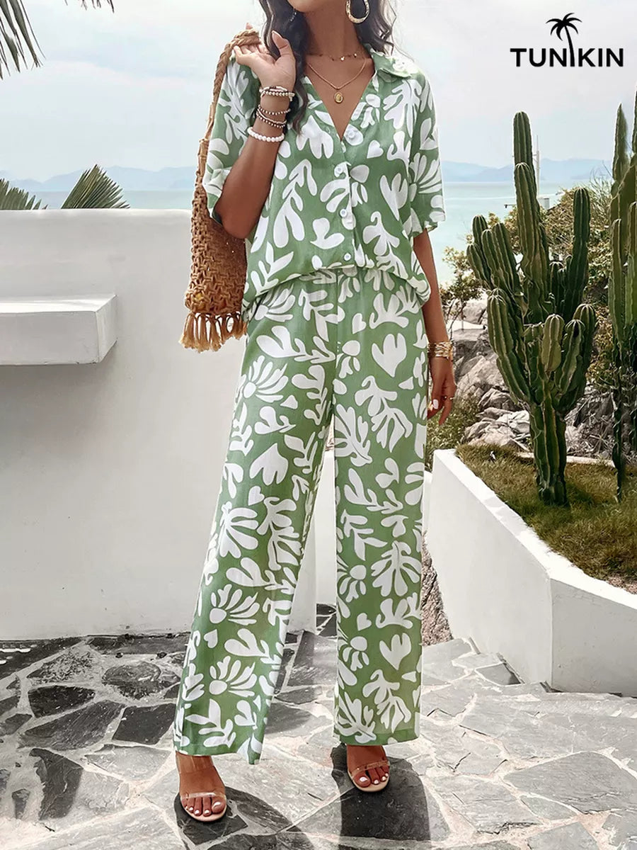 Conjunto Feminino Verde Tropical – Camisa e Calça Pantalona em viscolinho