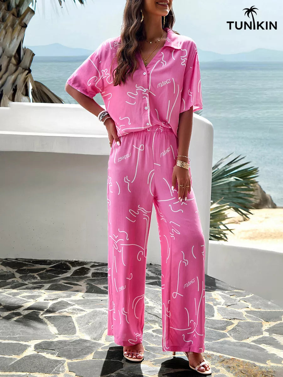 Conjunto Feminino Rosa Tropical – Camisa e Calça Pantalona em viscolinho