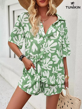 Conjunto Feminino Verde Tropical – Camisa e Shorts em Viscolinho
