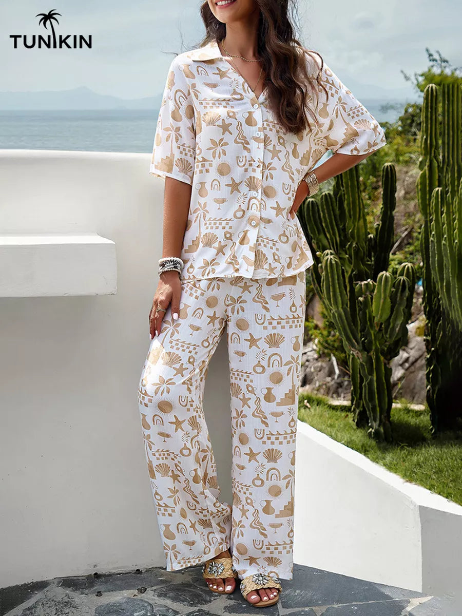 Conjunto Feminino Bege Tropical – Camisa e Calça Pantalona em viscolinho