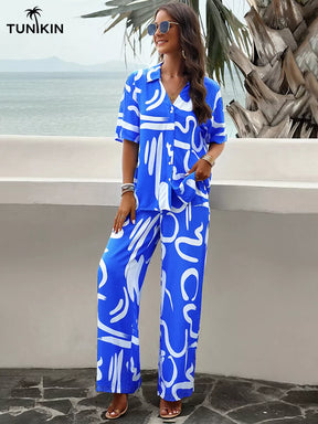 Conjunto Feminino Azul Tropical – Camisa e Calça Pantalona em viscolinho