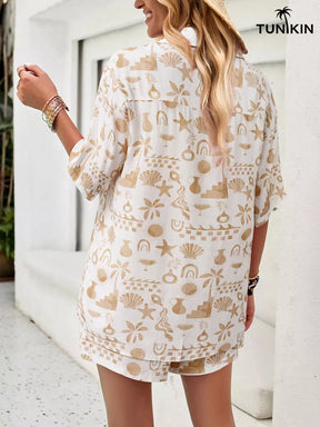 Conjunto Feminino Bege Tropical – Camisa e Shorts em Viscolinho