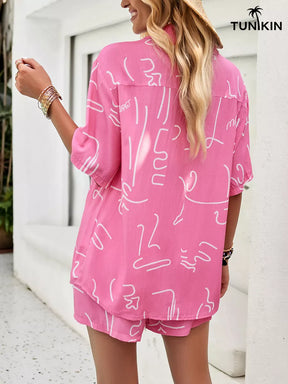 Conjunto Feminino RosaTropical – Camisa e Shorts em Viscolinho