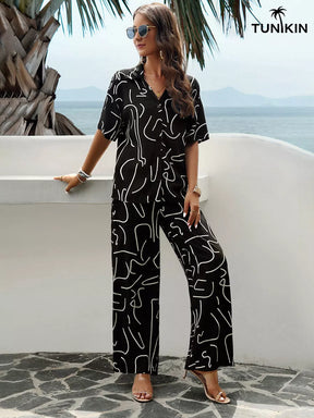 Conjunto Feminino Preto Tropical – Camisa e Calça Pantalona em viscolinho