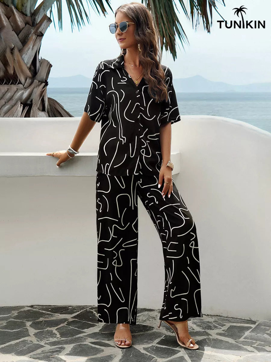 Conjunto Feminino Preto Tropical – Camisa e Calça Pantalona em viscolinho