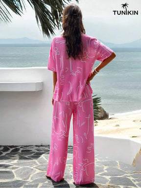 Conjunto Feminino Rosa Tropical – Camisa e Calça Pantalona em viscolinho