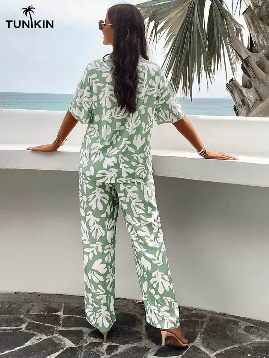 Conjunto Feminino Verde Tropical – Camisa e Calça Pantalona em viscolinho