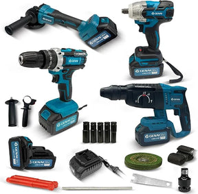 Kit de ferramentas 4 em 1 Furadeira, Chave de fenda/Chave de impacto/Amolador/Martelo 2 baterias de 68 V Caixa