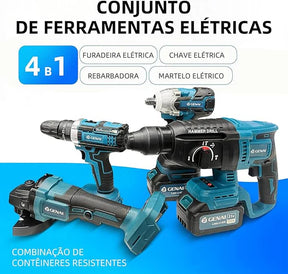 Kit de ferramentas 4 em 1 Furadeira, Chave de fenda/Chave de impacto/Amolador/Martelo 2 baterias de 68 V Caixa