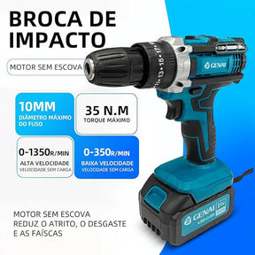 Kit de ferramentas 4 em 1 Furadeira, Chave de fenda/Chave de impacto/Amolador/Martelo 2 baterias de 68 V Caixa